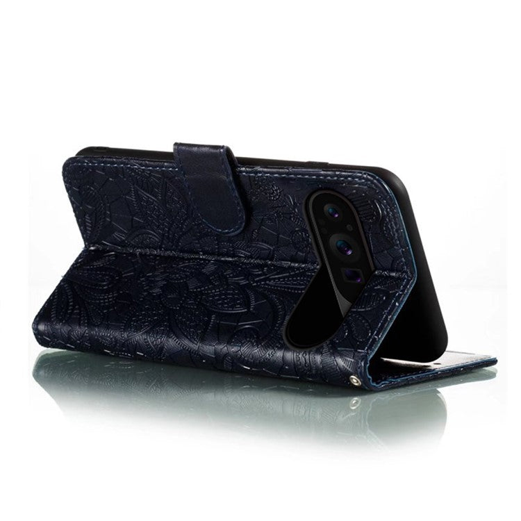 For Google Pixel 9 Pro XL Case Lace Flowers PU Leather Flip Wallet Phone Cover - Black