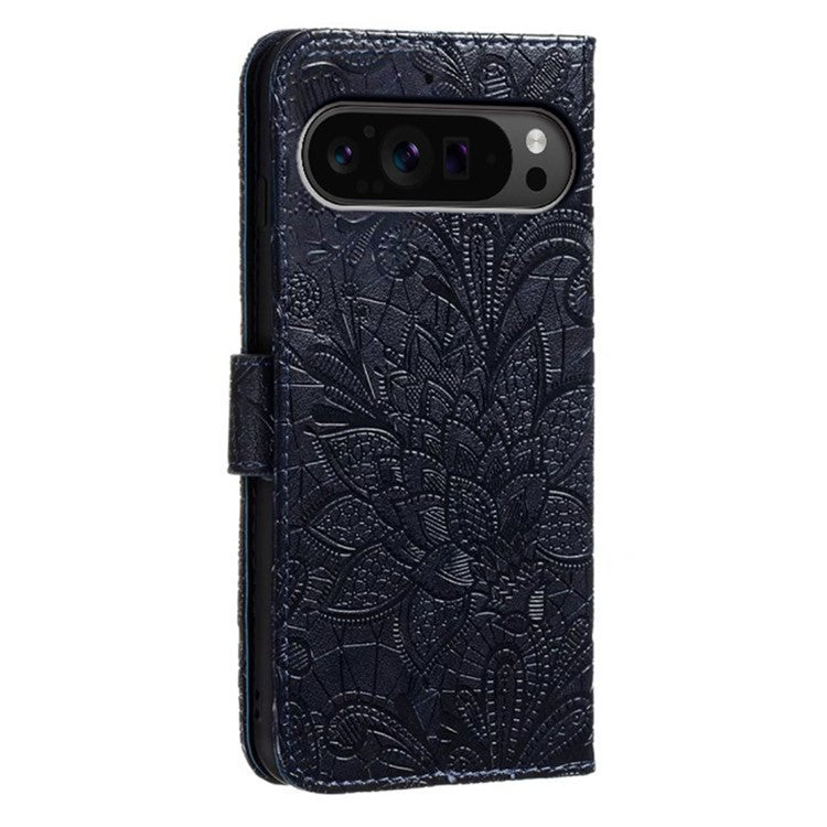 For Google Pixel 9 Pro XL Case Lace Flowers PU Leather Flip Wallet Phone Cover - Black