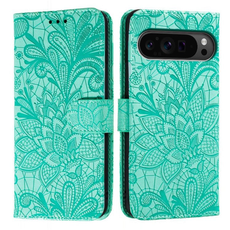 For Google Pixel 9 Pro XL Case Lace Flowers PU Leather Flip Wallet Phone Cover - Green
