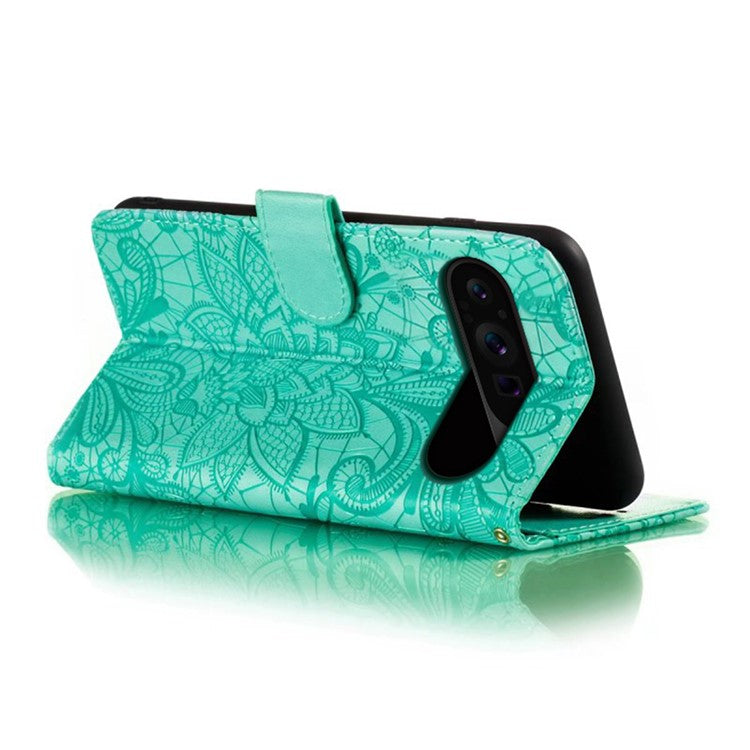 For Google Pixel 9 Pro XL Case Lace Flowers PU Leather Flip Wallet Phone Cover - Green