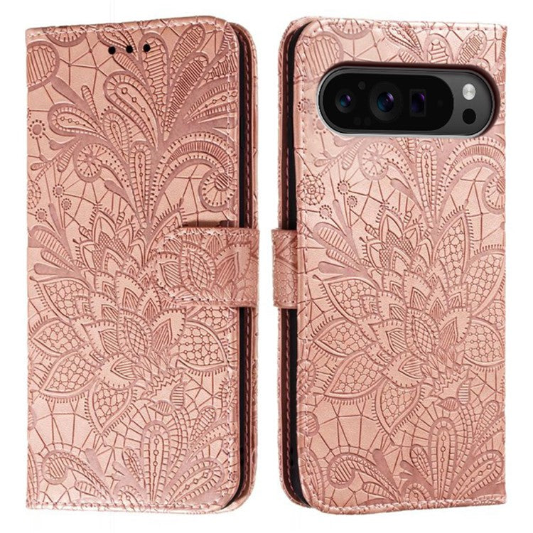 For Google Pixel 9 Pro XL Case Lace Flowers PU Leather Flip Wallet Phone Cover - Rose Gold