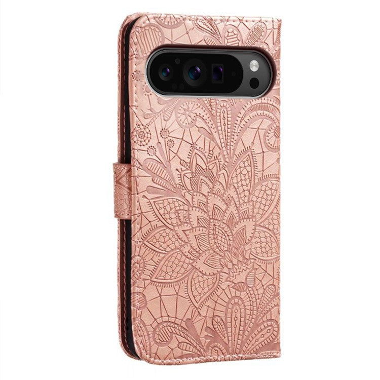 For Google Pixel 9 Pro XL Case Lace Flowers PU Leather Flip Wallet Phone Cover - Rose Gold