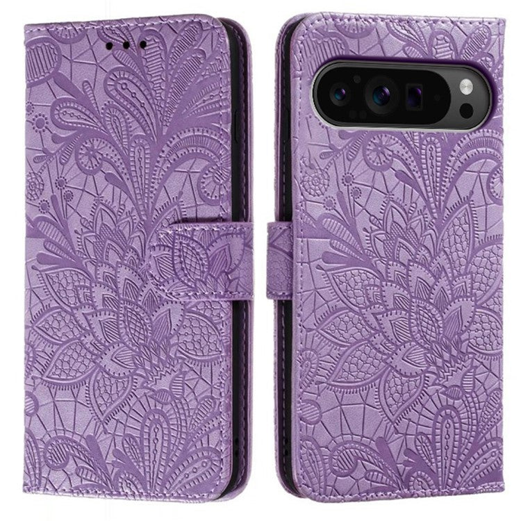 For Google Pixel 9 Pro XL Case Lace Flowers PU Leather Flip Wallet Phone Cover - Purple