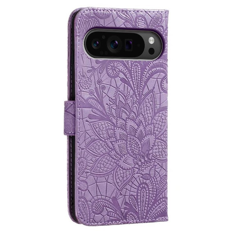 For Google Pixel 9 Pro XL Case Lace Flowers PU Leather Flip Wallet Phone Cover - Purple