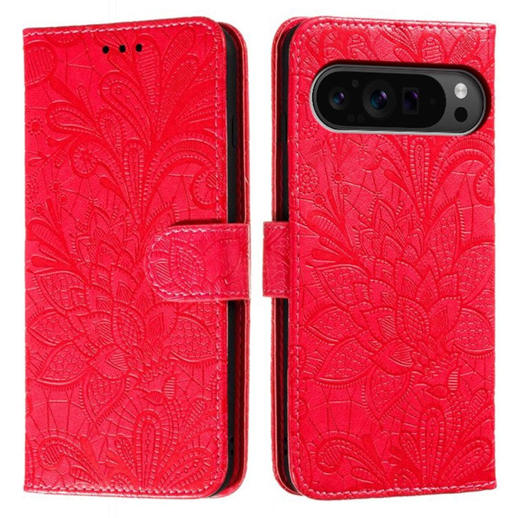 For Google Pixel 9 Pro XL Case Lace Flowers PU Leather Flip Wallet Phone Cover - Red