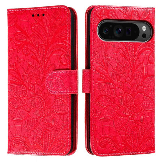 For Google Pixel 9 Pro XL Case Lace Flowers PU Leather Flip Wallet Phone Cover - Red