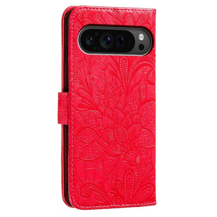 For Google Pixel 9 Pro XL Case Lace Flowers PU Leather Flip Wallet Phone Cover - Red