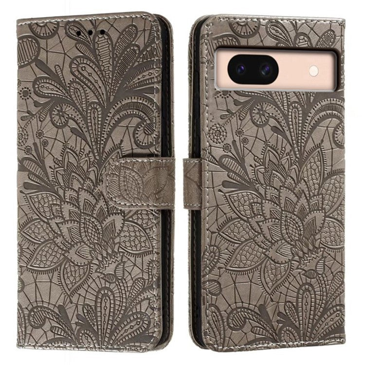 For Google Pixel 8a Case Lace Flowers PU Leather Flip Wallet Phone Cover - Grey