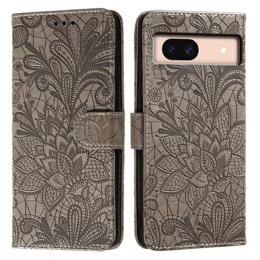 For Google Pixel 8a Case Lace Flowers PU Leather Flip Wallet Phone Cover - Grey