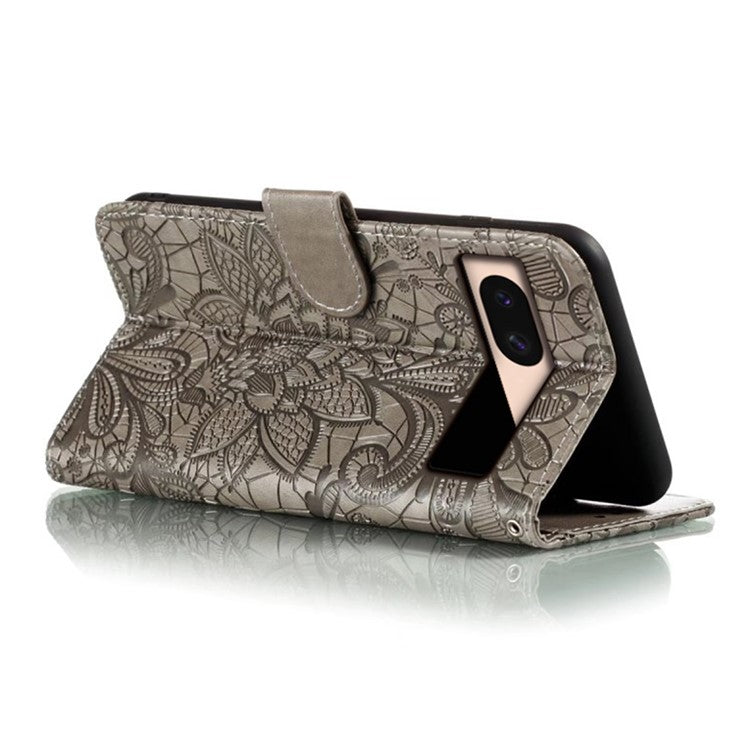 For Google Pixel 8a Case Lace Flowers PU Leather Flip Wallet Phone Cover - Grey