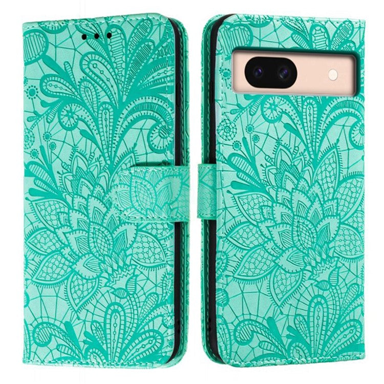 For Google Pixel 8a Case Lace Flowers PU Leather Flip Wallet Phone Cover - Green