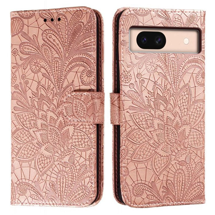 For Google Pixel 8a Case Lace Flowers PU Leather Flip Wallet Phone Cover - Rose Gold