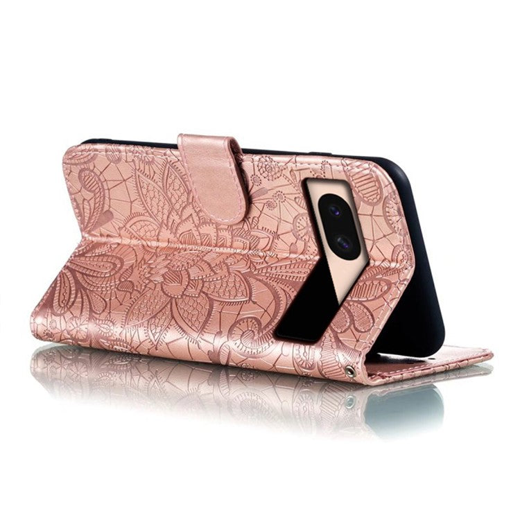 For Google Pixel 8a Case Lace Flowers PU Leather Flip Wallet Phone Cover - Rose Gold
