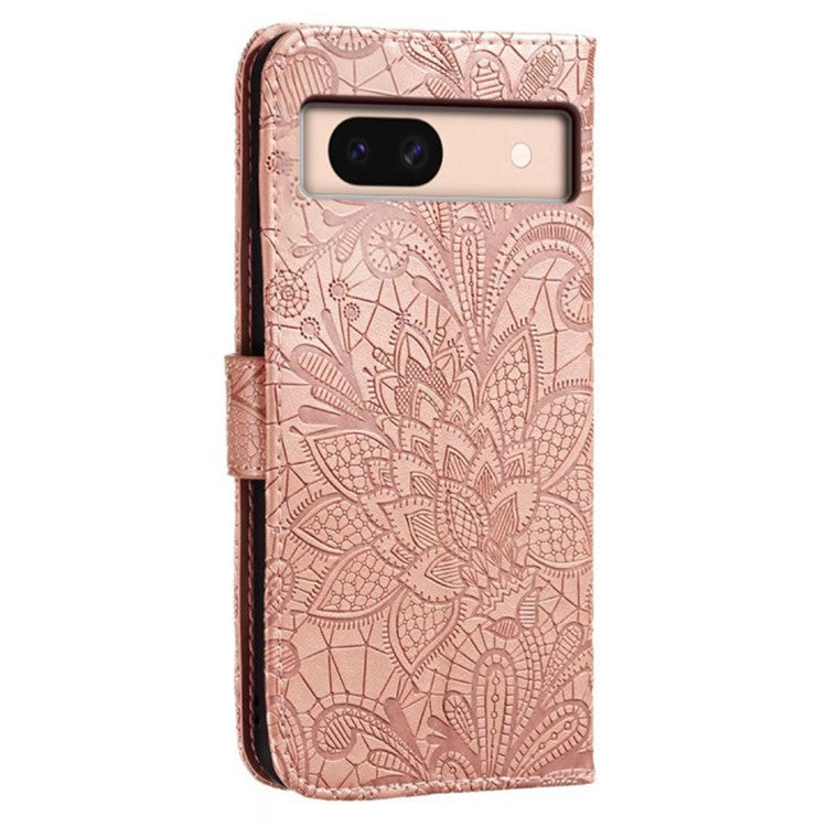 For Google Pixel 8a Case Lace Flowers PU Leather Flip Wallet Phone Cover - Rose Gold