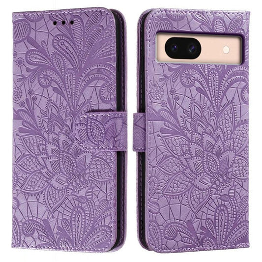 For Google Pixel 8a Case Lace Flowers PU Leather Flip Wallet Phone Cover - Purple
