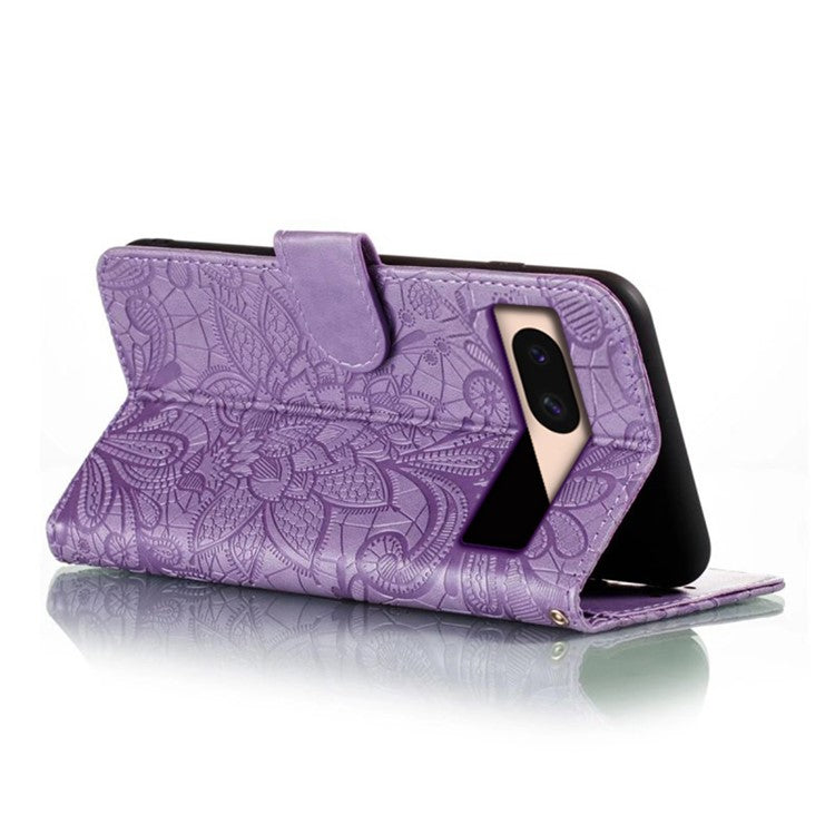 For Google Pixel 8a Case Lace Flowers PU Leather Flip Wallet Phone Cover - Purple