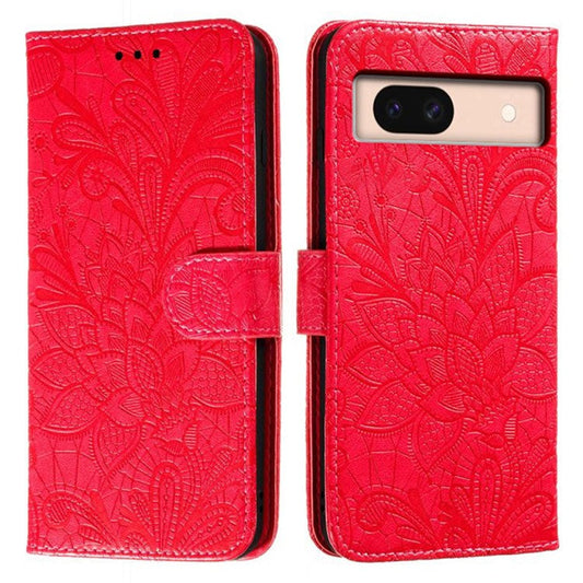For Google Pixel 8a Case Lace Flowers PU Leather Flip Wallet Phone Cover - Red