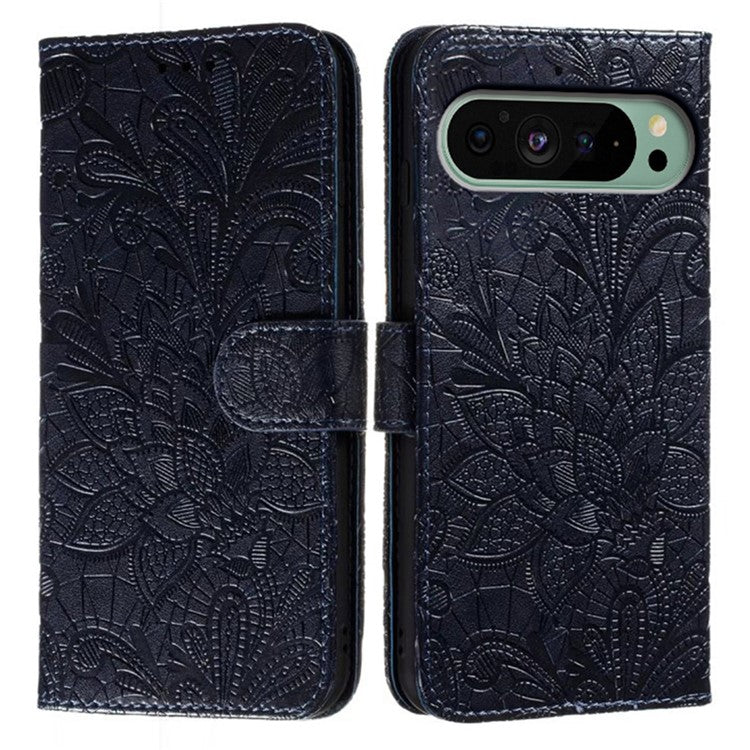 For Google Pixel 9 Pro  /  9 Case Lace Flowers PU Leather Flip Wallet Phone Cover - Black