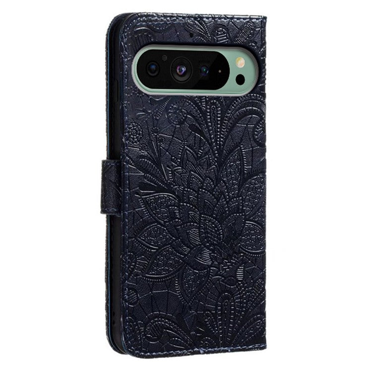 For Google Pixel 9 Pro  /  9 Case Lace Flowers PU Leather Flip Wallet Phone Cover - Black