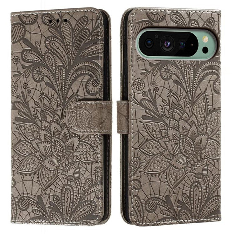 For Google Pixel 9 Pro  /  9 Case Lace Flowers PU Leather Flip Wallet Phone Cover - Grey