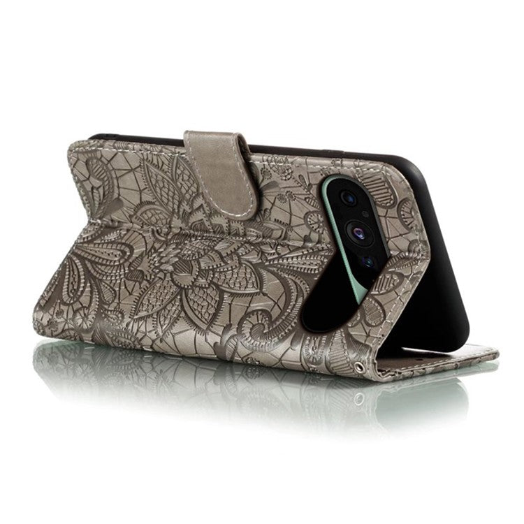 For Google Pixel 9 Pro  /  9 Case Lace Flowers PU Leather Flip Wallet Phone Cover - Grey