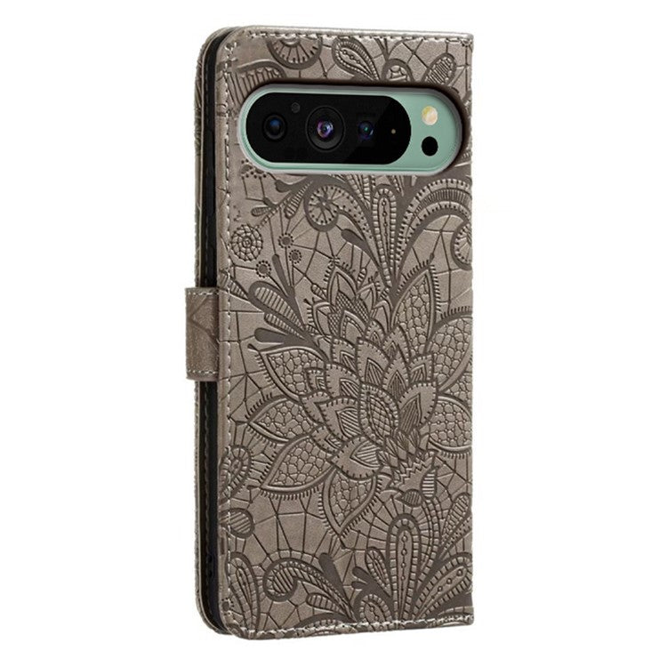 For Google Pixel 9 Pro  /  9 Case Lace Flowers PU Leather Flip Wallet Phone Cover - Grey