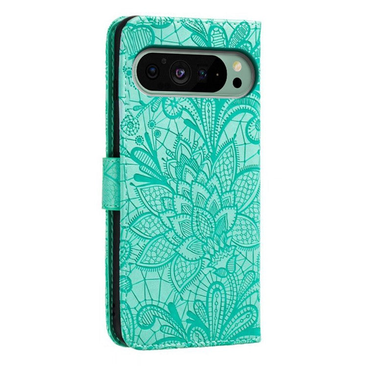 For Google Pixel 9 Pro  /  9 Case Lace Flowers PU Leather Flip Wallet Phone Cover - Green