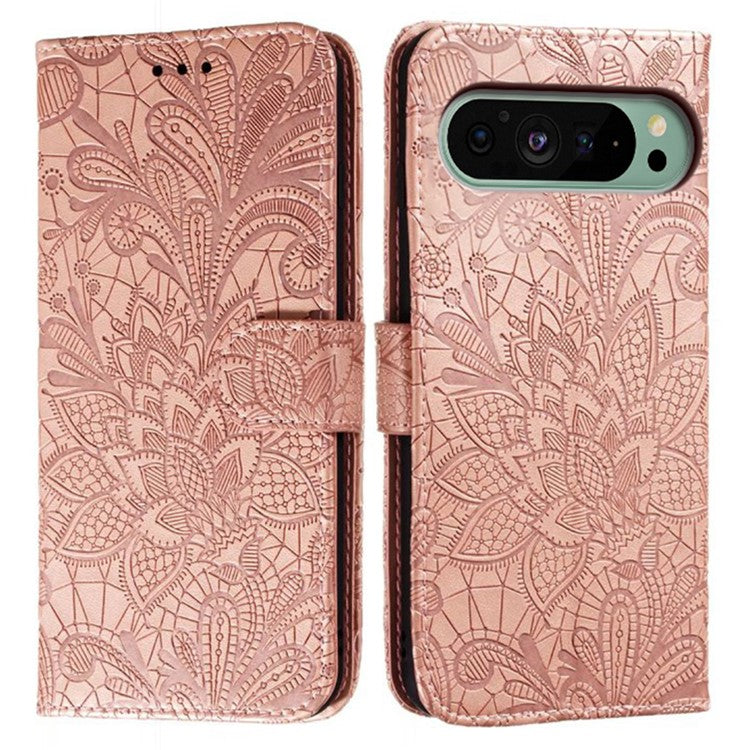 For Google Pixel 9 Pro  /  9 Case Lace Flowers PU Leather Flip Wallet Phone Cover - Rose Gold