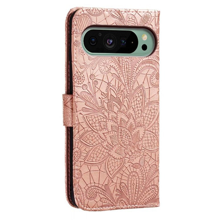 For Google Pixel 9 Pro  /  9 Case Lace Flowers PU Leather Flip Wallet Phone Cover - Rose Gold