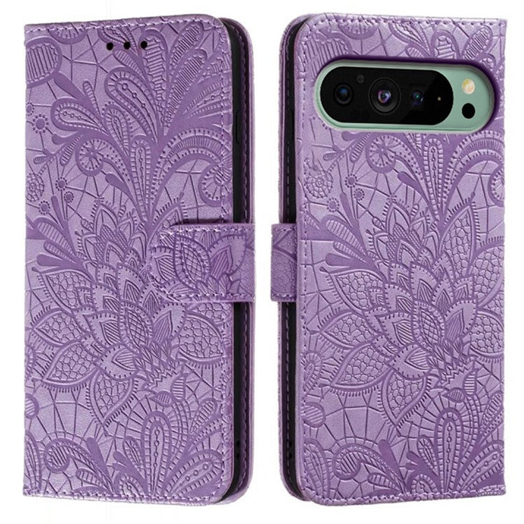 For Google Pixel 9 Pro  /  9 Case Lace Flowers PU Leather Flip Wallet Phone Cover - Purple