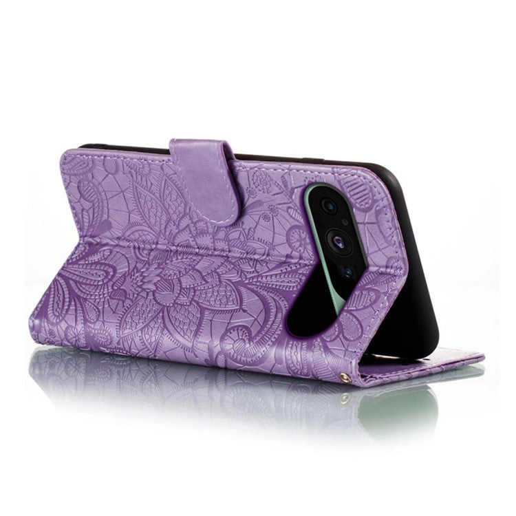 For Google Pixel 9 Pro  /  9 Case Lace Flowers PU Leather Flip Wallet Phone Cover - Purple