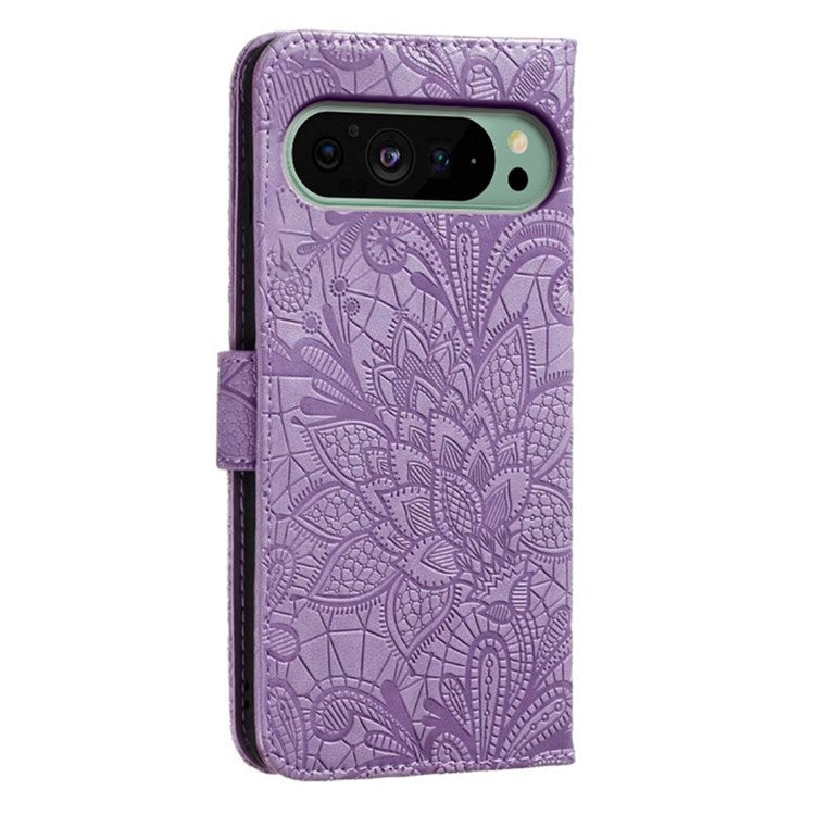 For Google Pixel 9 Pro  /  9 Case Lace Flowers PU Leather Flip Wallet Phone Cover - Purple