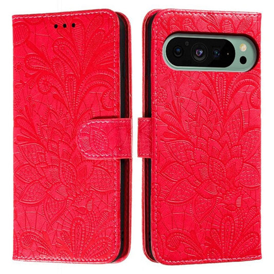 For Google Pixel 9 Pro  /  9 Case Lace Flowers PU Leather Flip Wallet Phone Cover - Red