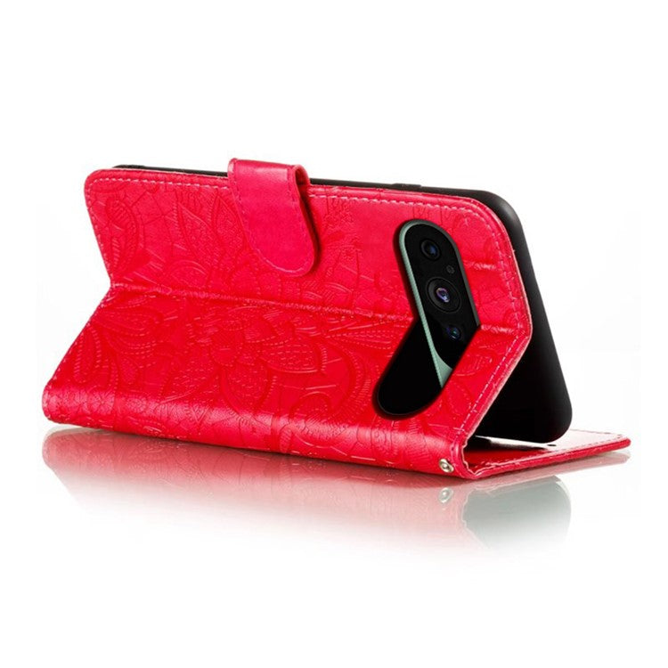 For Google Pixel 9 Pro  /  9 Case Lace Flowers PU Leather Flip Wallet Phone Cover - Red