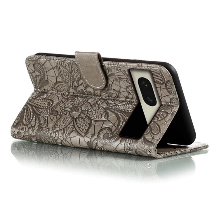 For Google Pixel 8 Case Lace Flowers PU Leather Flip Wallet Phone Cover - Grey