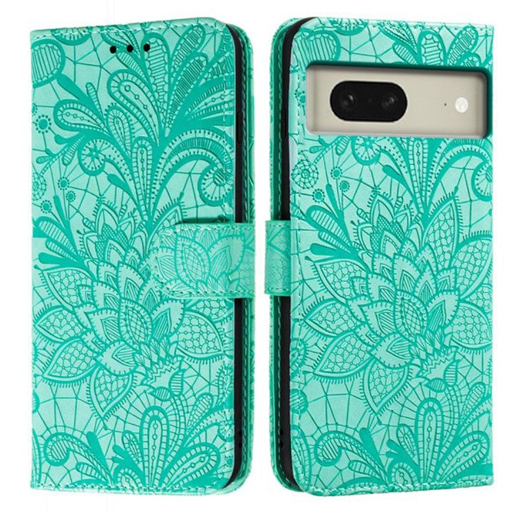 For Google Pixel 8 Case Lace Flowers PU Leather Flip Wallet Phone Cover - Green
