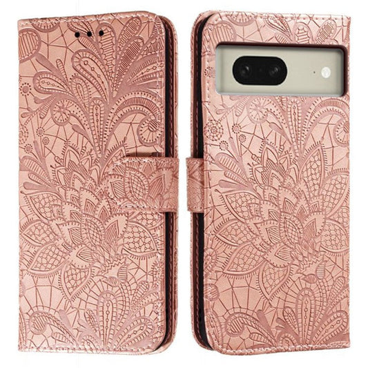 For Google Pixel 8 Case Lace Flowers PU Leather Flip Wallet Phone Cover - Rose Gold