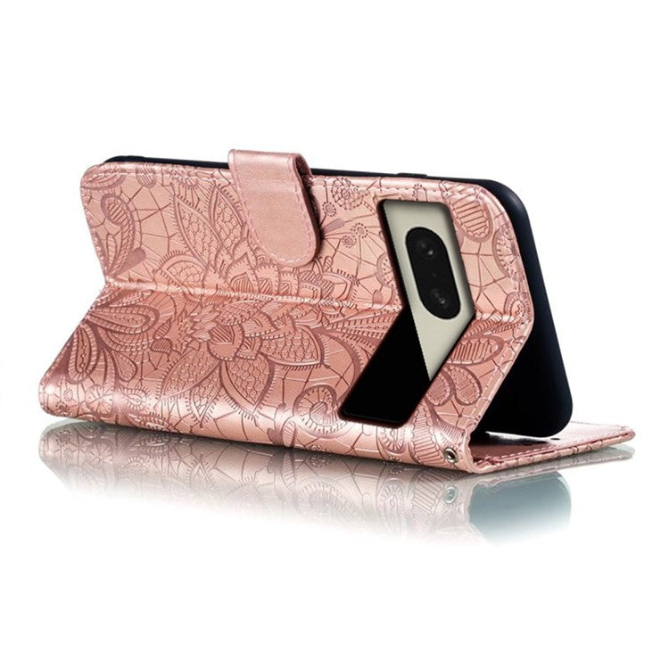 For Google Pixel 8 Case Lace Flowers PU Leather Flip Wallet Phone Cover - Rose Gold