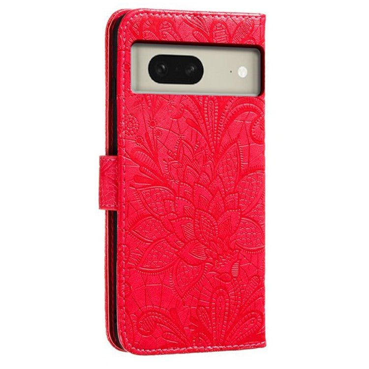 For Google Pixel 8 Case Lace Flowers PU Leather Flip Wallet Phone Cover - Red