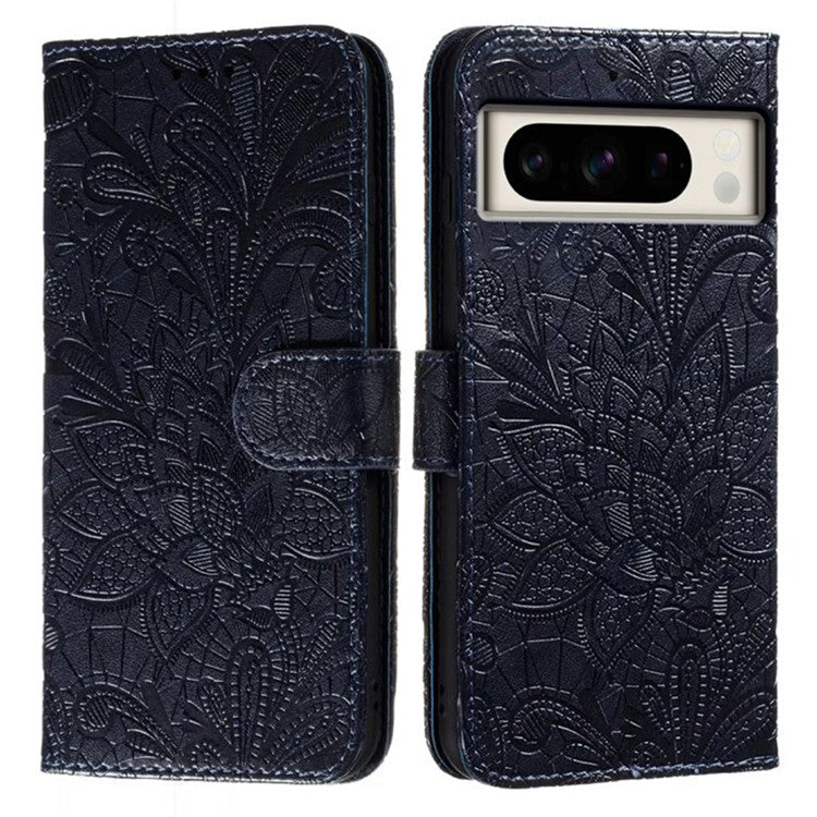 For Google Pixel 8 Pro Case Lace Flowers PU Leather Flip Wallet Phone Cover - Black