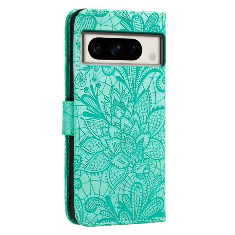 For Google Pixel 8 Pro Case Lace Flowers PU Leather Flip Wallet Phone Cover - Green