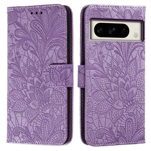 For Google Pixel 8 Pro Case Lace Flowers PU Leather Flip Wallet Phone Cover - Purple