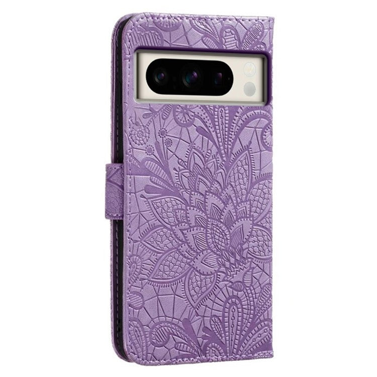For Google Pixel 8 Pro Case Lace Flowers PU Leather Flip Wallet Phone Cover - Purple