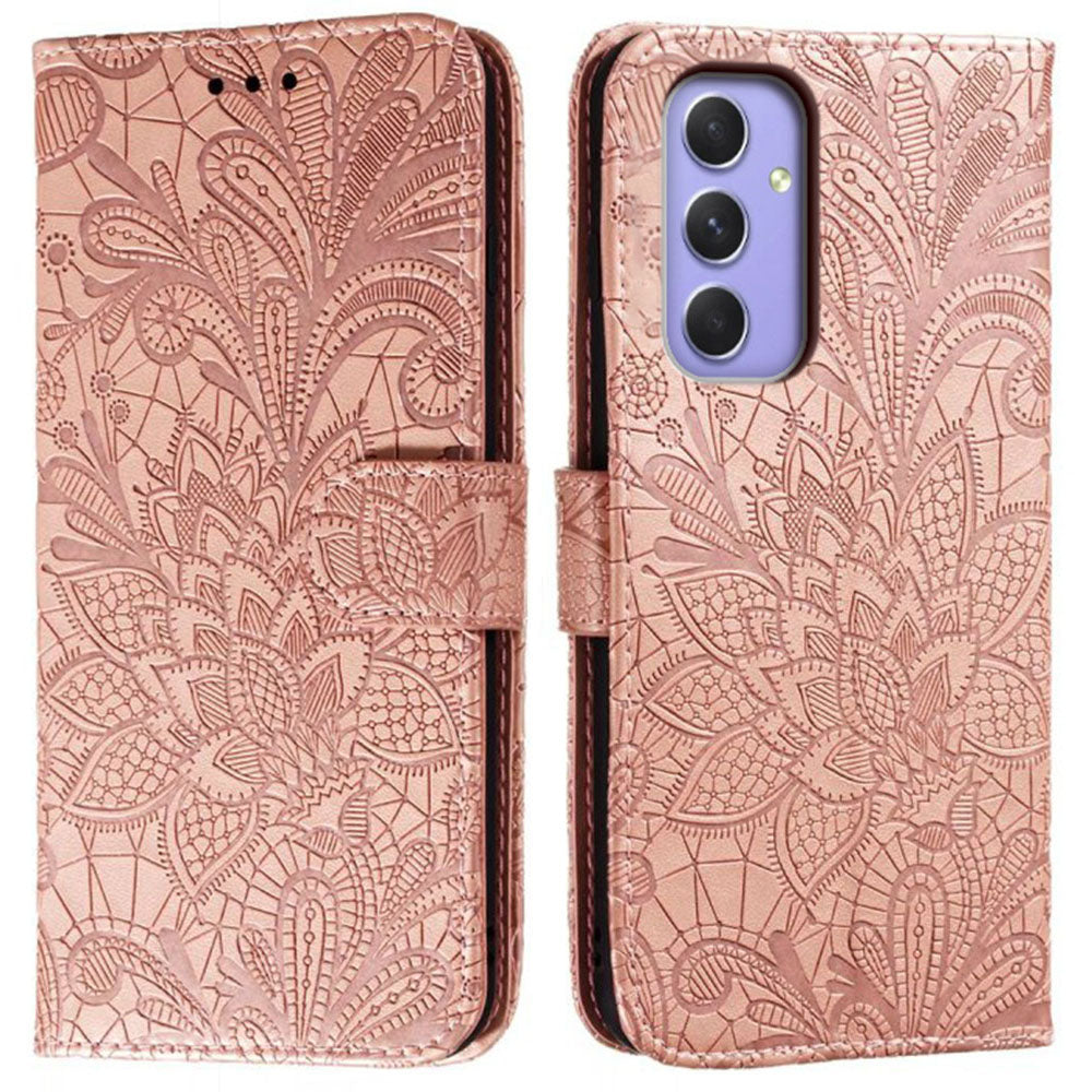For Samsung Galaxy A16 5G / A16 4G Case Lace Flowers PU Leather Flip Wallet Phone Cover - Rose Gold