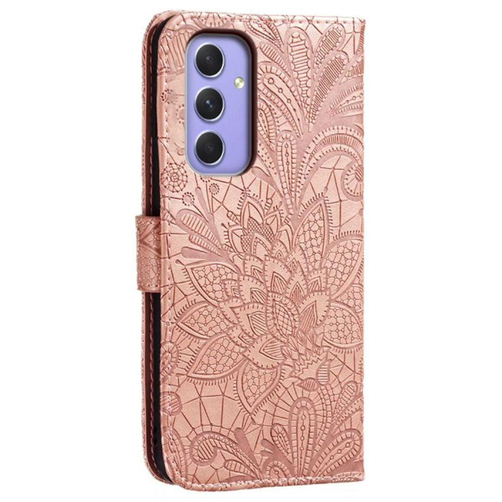 For Samsung Galaxy A16 5G / A16 4G Case Lace Flowers PU Leather Flip Wallet Phone Cover - Rose Gold
