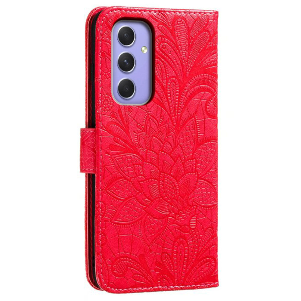 For Samsung Galaxy A16 5G / A16 4G Case Lace Flowers PU Leather Flip Wallet Phone Cover - Red