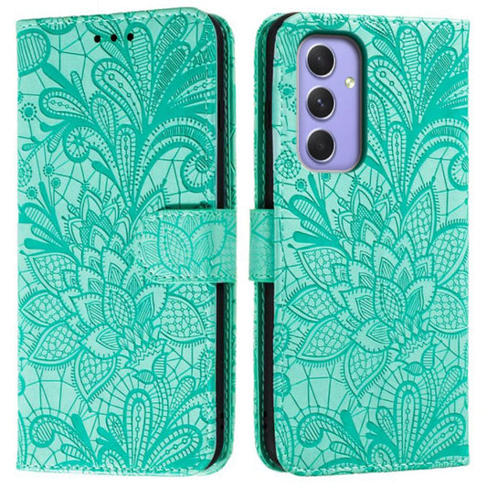 For Samsung Galaxy A16 5G / A16 4G Case Lace Flowers PU Leather Flip Wallet Phone Cover - Green