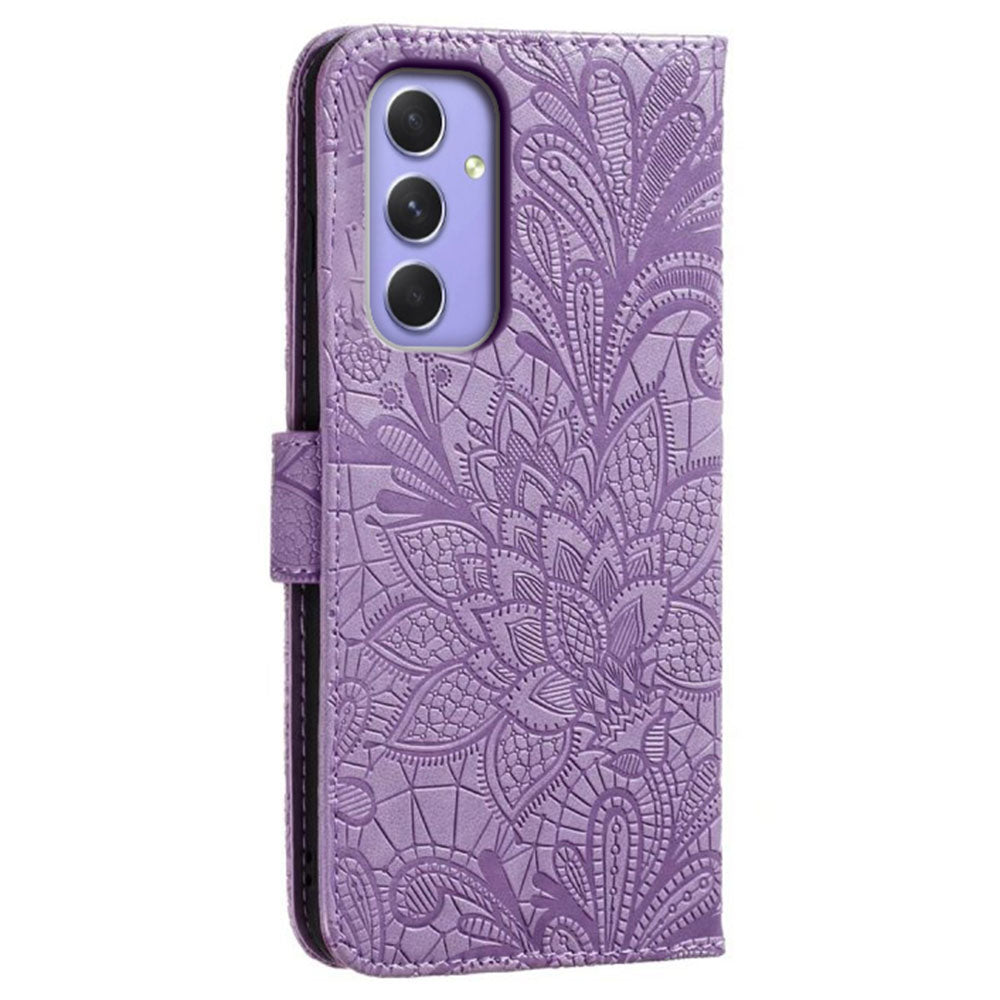 For Samsung Galaxy A16 5G / A16 4G Case Lace Flowers PU Leather Flip Wallet Phone Cover - Purple