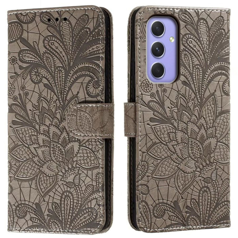For Samsung Galaxy A16 5G / A16 4G Case Lace Flowers PU Leather Flip Wallet Phone Cover - Grey