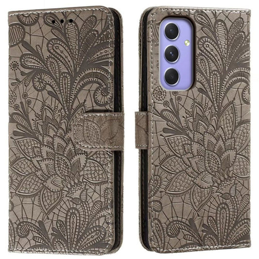 For Samsung Galaxy A16 5G / A16 4G Case Lace Flowers PU Leather Flip Wallet Phone Cover - Grey
